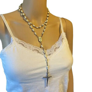 Vintage INRI Rosary Mary Cross Crucifixion Religious Necklace Silver Shell Decor